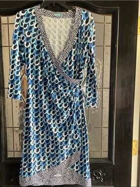 J. McLaughlin Blue, Navy and White Faux Wrap Patterned Dress